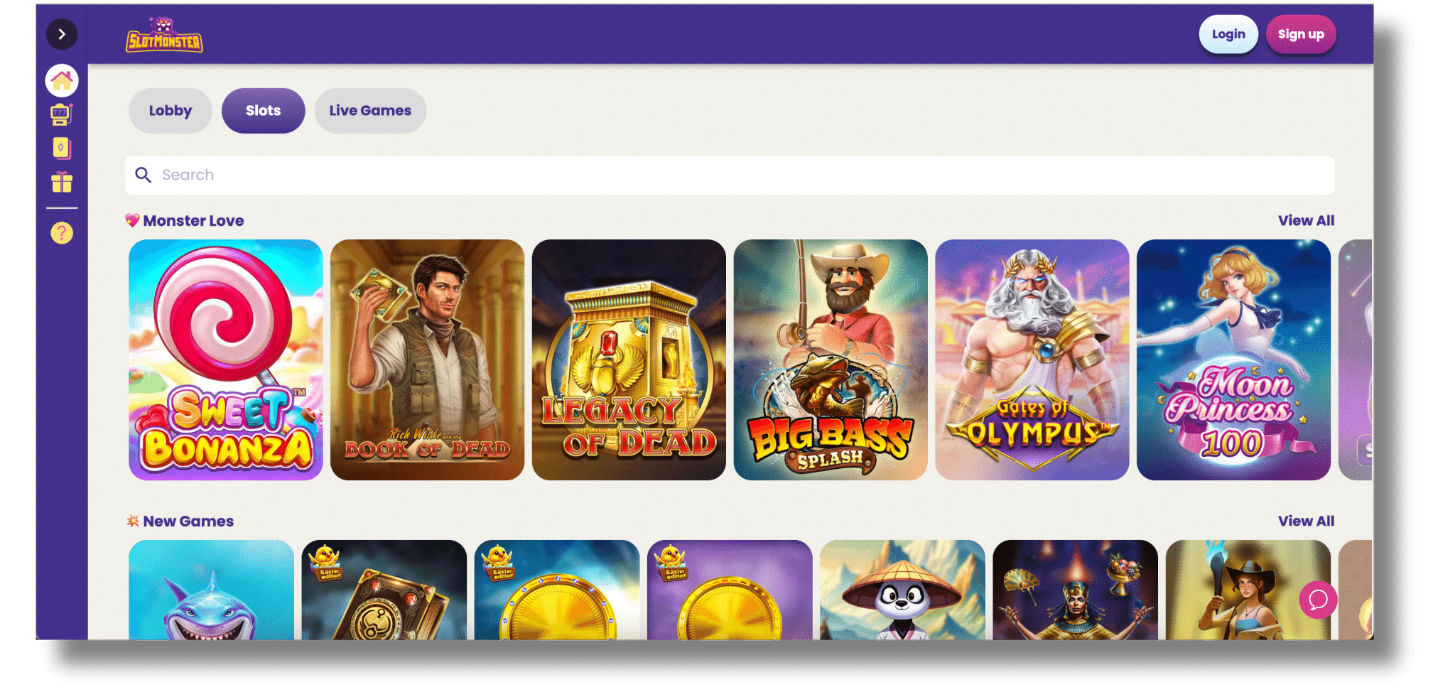 Slotmonster online casino desktop view showing fast payouts and huge game library